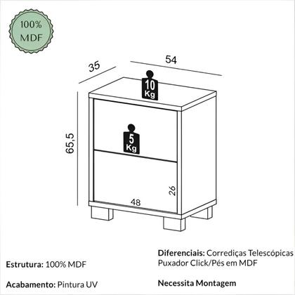 Imagem de Mesa de Cabeceira 54cm com 02 Gavetas Dalla Costa 100% MDF