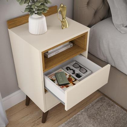 Imagem de Mesa de Cabeceira Alamo para quarto com pés retrô e 2 gavetas - Off White com Nature