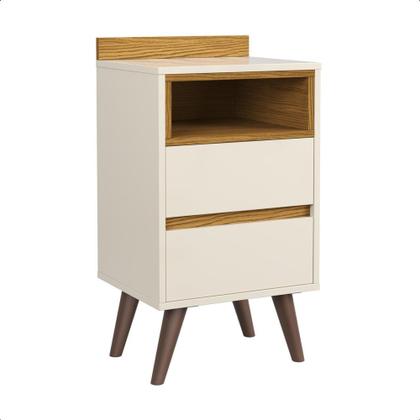 Imagem de Mesa de Cabeceira Alamo para quarto com pés retrô e 2 gavetas - Off White com Nature