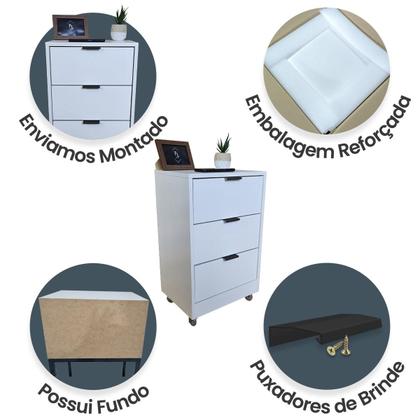 Imagem de Mesa de Cabeceira Branca 3 Gavetas 40cm Gaveteiro Quarto Cama 100% Já Montado - Fl Decor