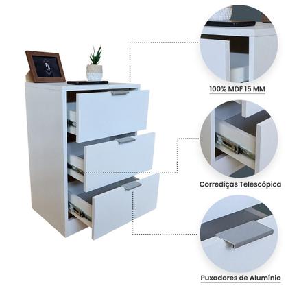 Imagem de Mesa de Cabeceira Branca 3 Gavetas 40cm Gaveteiro Quarto Cama 100% Já Montado - Fl Decor