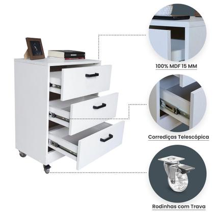 Imagem de Mesa de Cabeceira Branca 3 Gavetas 50cm Gaveteiro Quarto Cama 100% Já Montado - Fl Decor