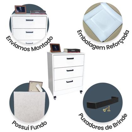 Imagem de Mesa de Cabeceira Branca 3 Gavetas 50cm Gaveteiro Quarto Cama 100% Já Montado - Fl Decor