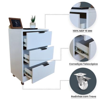 Imagem de Mesa de Cabeceira Branca 3 Gavetas 50cm Gaveteiro Quarto Cama 100% Já Montado - Fl Decor