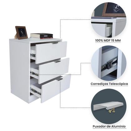 Imagem de Mesa de Cabeceira Branca 3 Gavetas 50cm Gaveteiro Quarto Cama 100% Já Montado - Fl Decor