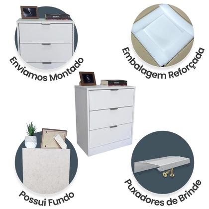 Imagem de Mesa de Cabeceira Branca 3 Gavetas 50cm Gaveteiro Quarto Cama 100% Já Montado - Fl Decor