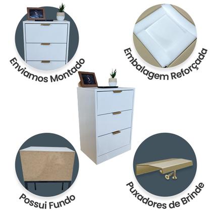 Imagem de Mesa de Cabeceira Branca 3 Gavetas 50cm Gaveteiro Quarto Cama 100% Já Montado - Fl Decor