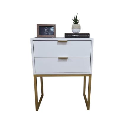 Imagem de Mesa de Cabeceira Branca 50cm 2 Gavetas MDF Quarto Cama Eco Base de Ferro - Já Montado