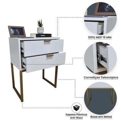 Imagem de Mesa de Cabeceira Branca 50cm 2 Gavetas MDF Quarto Cama Eco Base de Ferro - Já Montado