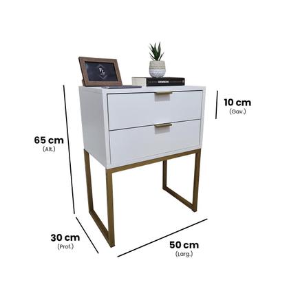 Imagem de Mesa de Cabeceira Branca 50cm 2 Gavetas MDF Quarto Cama Eco Base de Ferro - Já Montado
