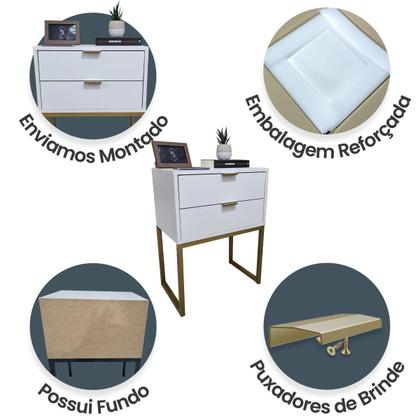 Imagem de Mesa de Cabeceira Branca 50cm 2 Gavetas MDF Quarto Cama Eco Base de Ferro - Já Montado