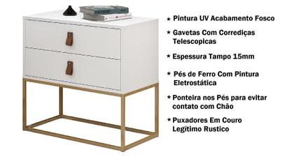 Imagem de Mesa De Cabeceira Branca Acabamento Fosco Com Pés De Ferro Estilo Industrial Moderno Dourado Unic 60cm