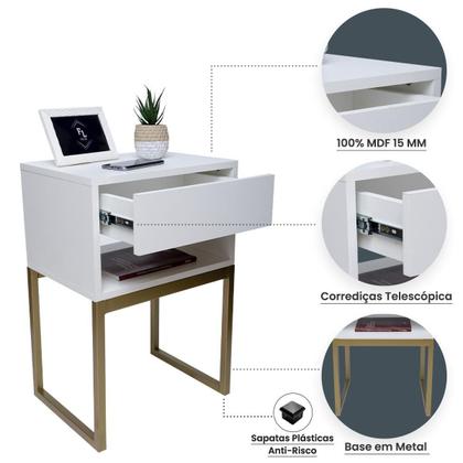 Imagem de Mesa De Cabeceira Branca Industrial Eco 40 Base Dourada - Enviamos MONTADO
