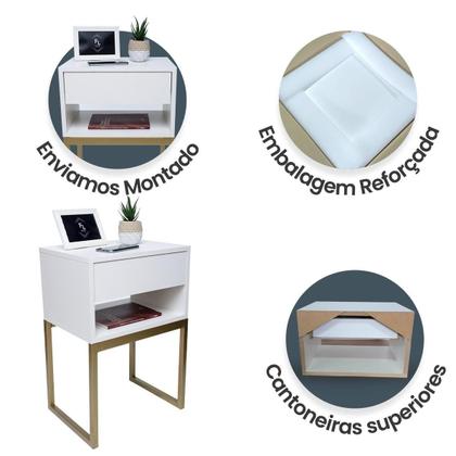 Imagem de Mesa De Cabeceira Branca Industrial Eco 40 Base Dourada - Enviamos MONTADO