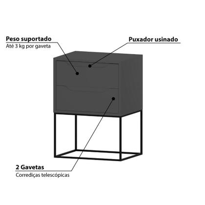 Imagem de Mesa de Cabeceira Celina com 2 Gavetas - Cinza Grafite/Preto