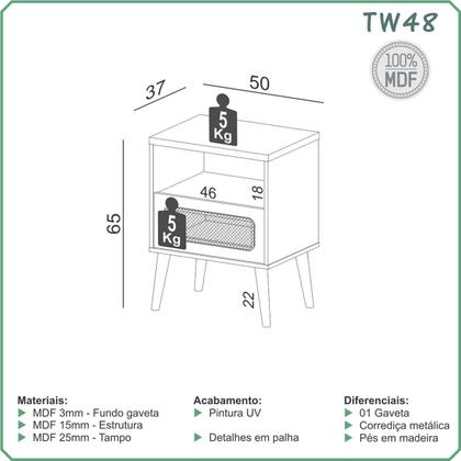 Imagem de Mesa de Cabeceira Com 1 Gaveta Com Detalhe em Palha MDF 50cm