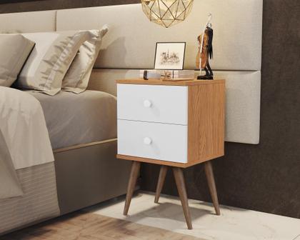 Imagem de Mesa De Cabeceira com 2 gavetas e pé retrô 30cm - Nature/Branco - Candy - Mania de Móveis