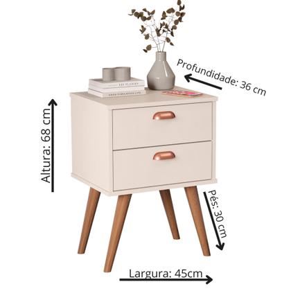 Imagem de Mesa de Cabeceira Com 2 Gavetas Puxador Concha Pés Retrô Janus