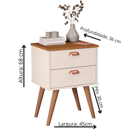 Imagem de Mesa de Cabeceira Com 2 Gavetas Puxador Concha Pés Retrô Janus