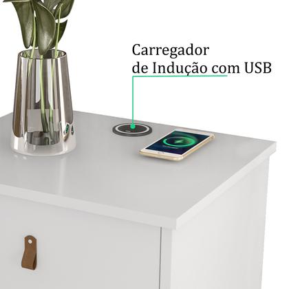 Imagem de Mesa de Cabeceira com 3 Gavetas e Carregador por Indução com Puxadores em Couro  Estilo e Praticidade