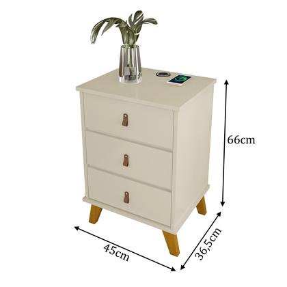 Imagem de Mesa de Cabeceira com 3 Gavetas e Carregador por Indução com Puxadores em Couro  Estilo e Praticidade