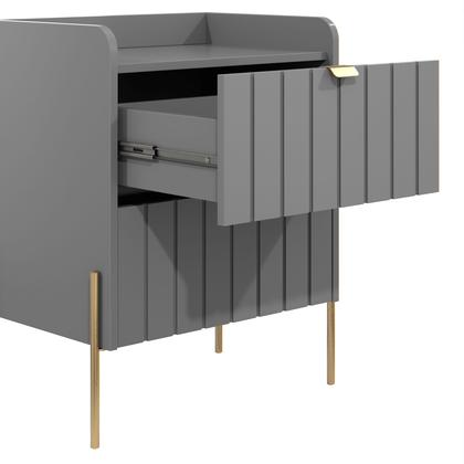Imagem de mesa de cabeceira com gaveta cinza riscada laqueada para quarto de casal moriah 45cm pé e puxador metal estilo industrial