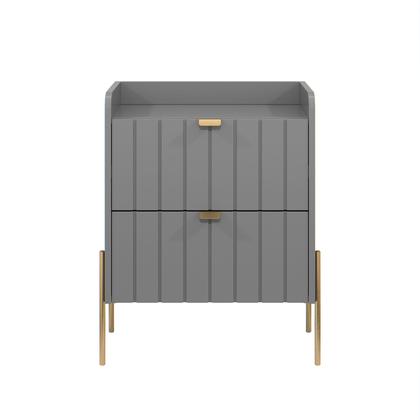 Imagem de mesa de cabeceira com gaveta cinza riscada laqueada para quarto de casal moriah 45cm pé e puxador metal estilo industrial