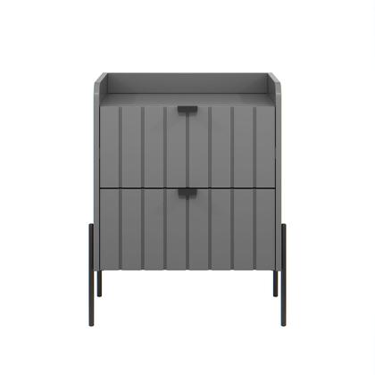 Imagem de mesa de cabeceira com gaveta cinza riscada laqueada para quarto de casal moriah 45cm pé e puxador metal estilo industrial