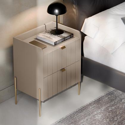 Imagem de mesa de cabeceira com gaveta madeira mdf 45cm laqueada riscada estilo industrial pes de ferro dourado