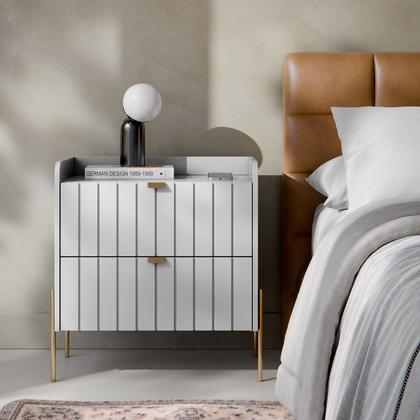 Imagem de mesa de cabeceira com gaveta para cama quarto moriah 60cm pés e puxadores em ferro classico dourado