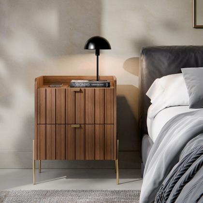 Imagem de mesa de cabeceira com gavetas moriah 45cm MDF com pés dourado industrial para quarto cama de casal