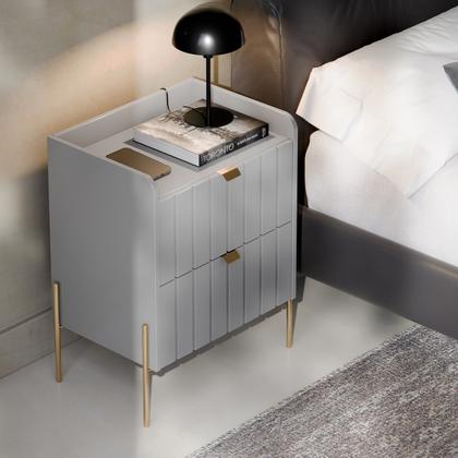 Imagem de mesa de cabeceira com gavetas moriah 45cm MDF com pés dourado industrial para quarto cama de casal