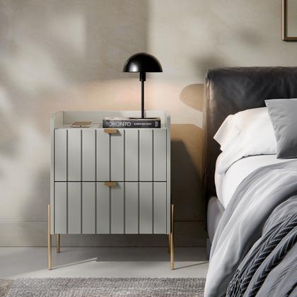 Imagem de mesa de cabeceira com gavetas moriah 45cm MDF com pés dourado industrial para quarto cama de casal