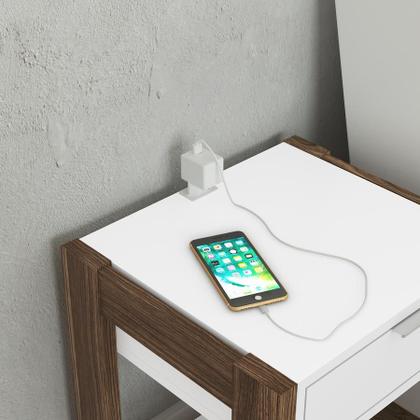 Imagem de Mesa De Cabeceira Com Tomada 1 Gaveta Quarto Branco Nogal