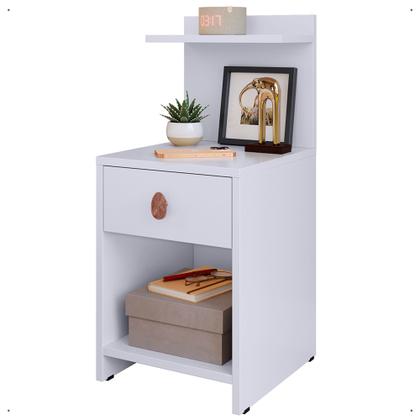 Imagem de Mesa de Cabeceira Compacta com Gaveta puxador Criado Quarto Casal e Solteiro Prateleira Branco