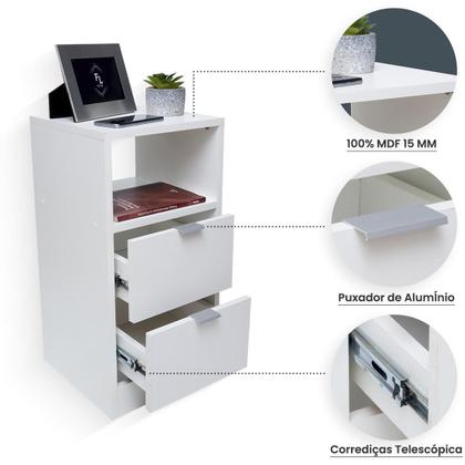 Imagem de Mesa de Cabeceira Criado 30cm Branco 2 Gavetas e 1 Nicho em MDF Lateral da Cama Quarto Decoração