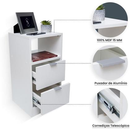 Imagem de Mesa de Cabeceira Criado 30cm Branco 2 Gavetas e 1 Nicho em MDF Lateral da Cama Quarto