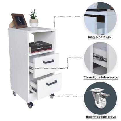 Imagem de Mesa de Cabeceira Criado 30cm Branco 2 Gavetas e 1 Nicho em MDF Lateral da Cama Quarto