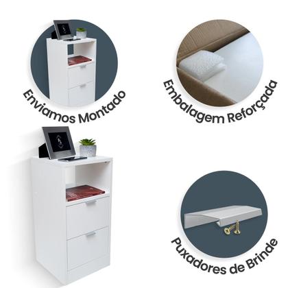 Imagem de Mesa de Cabeceira Criado 30cm Branco 2 Gavetas e 1 Nicho em MDF Lateral da Cama Quarto