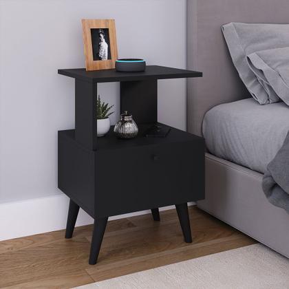 Imagem de Mesa de Cabeceira Criado Com 1 Porta Estilo Retrô Com Pés Antiumidade Para Quarto Romeu Preto