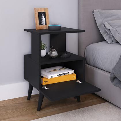 Imagem de Mesa de Cabeceira Criado Com 1 Porta Estilo Retrô Com Pés Antiumidade Para Quarto Romeu Preto