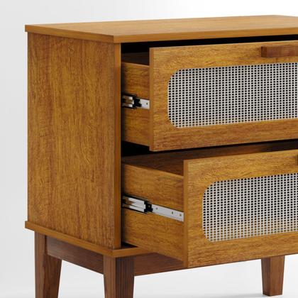 Imagem de mesa de cabeceira de quarto cama casal Santorini 60cm com 2 gavetas pé e puxadores em madeira