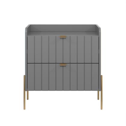 Imagem de mesa de cabeceira em madeira mdf com puxadores e pés em ferro estilo classico dourado moriah 60cm com 2 gavetas