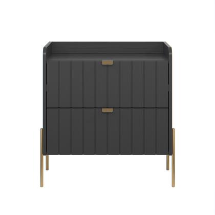 Imagem de mesa de cabeceira em madeira mdf com puxadores e pés em ferro estilo classico dourado moriah 60cm com 2 gavetas