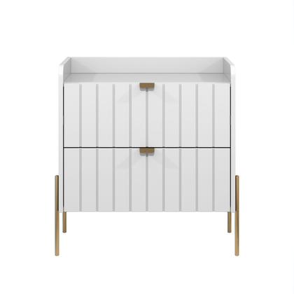 Imagem de mesa de cabeceira em madeira mdf reforçada com 2 gavetas riscada design classico moriah 60cm pé e puxador dourado