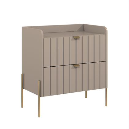 Imagem de mesa de cabeceira em madeira mdf reforçada com 2 gavetas riscada design classico moriah 60cm pé e puxador dourado
