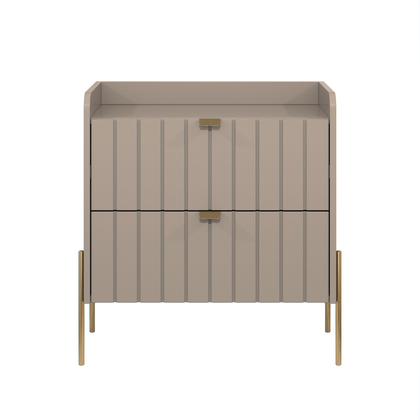 Imagem de mesa de cabeceira em madeira mdf reforçada com 2 gavetas riscada design classico moriah 60cm pé e puxador dourado