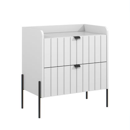 Imagem de mesa de cabeceira em madeira mdf reforçada com 2 gavetas riscada design classico moriah 60cm pé e puxador preto