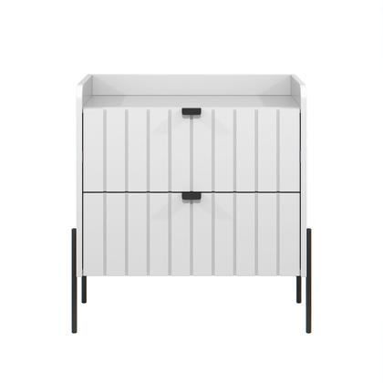 Imagem de mesa de cabeceira em madeira mdf reforçada com 2 gavetas riscada design classico moriah 60cm pé e puxador preto