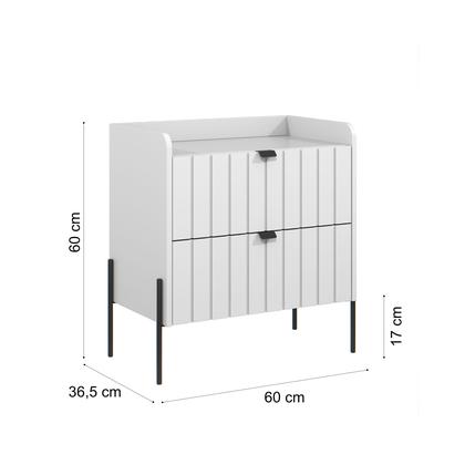 Imagem de mesa de cabeceira em madeira mdf reforçada com 2 gavetas riscada design classico moriah 60cm pé e puxador preto